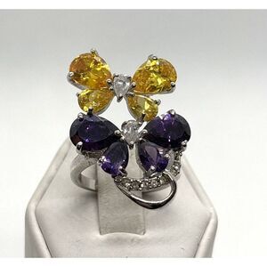 Vintage Yellow & Purple Cubic Zirconia Butterfly Ring Silver‎ Tone Size 8 Retro